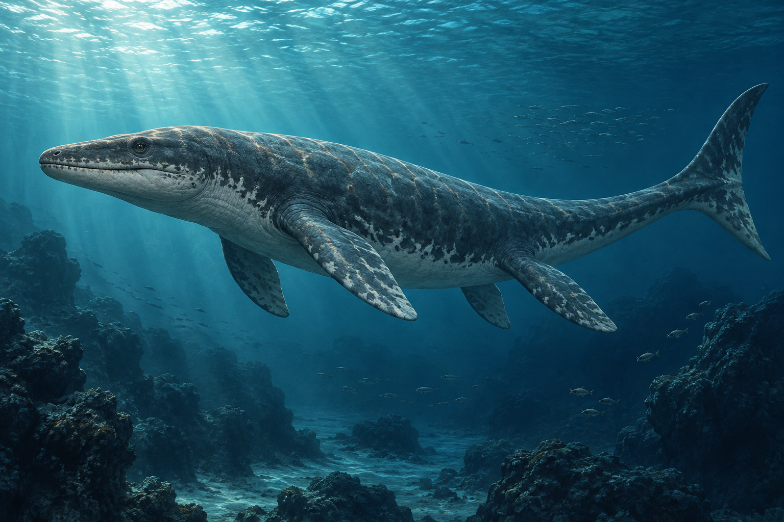 Illustrative reconstruction of Mosasaurus swimming in an ancient sea