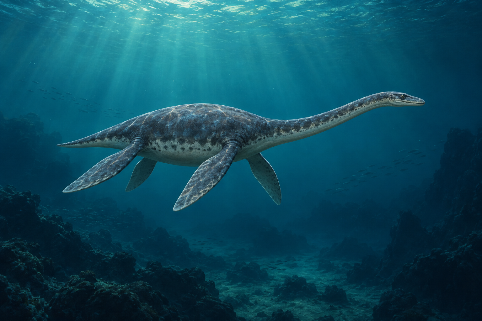 Illustrative reconstruction of Plesiosaurus swimming in an ancient sea